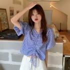 Puff-sleeve Gingham Drawstring Cropped Blouse