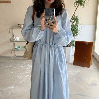 Long-sleeve Plain Shirred Loose Fit Dress Blue - One Size