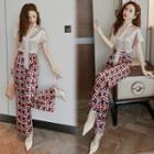 Set: Cap-sleeve Tie-neck Blouse + Patterned Wide-leg Pants