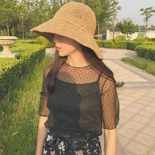Set: Dotted Short Sleeve Mesh Top + Plain Camisole Top