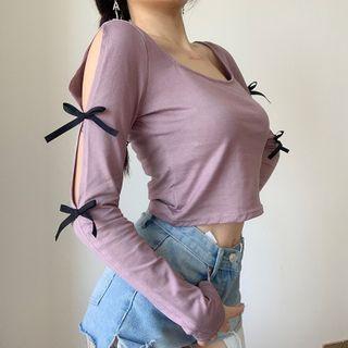 Long-sleeve Cutout Cropped T-shirt Purple - One Size
