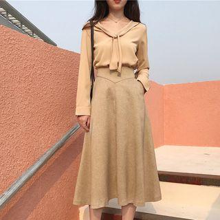Set: Tie-front V-neck Blouse + A-line Skirt