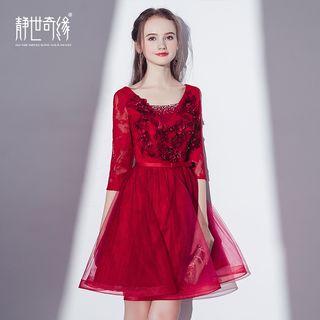 Elbow-sleeved Mesh Panel A-line Cocktail Dress