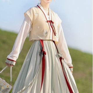 Set: Long-sleeve Hanfu Top + Floral Embroidered Crop Top + Pleated Maxi Skirt