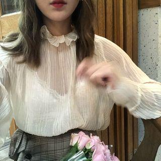 Long-sleeve Frill Trim Crinkled Chiffon Top Almond - One Size