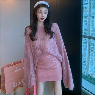 Open Knit Sweater / Patent A-line Skirt