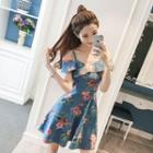 Floral Denim Off-shoulder A-line Dress