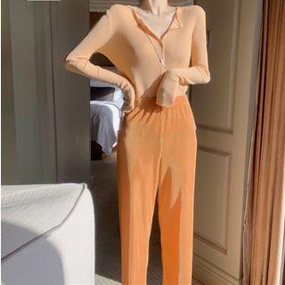 Ribbed Cardigan / High Waist Wide-leg Pants