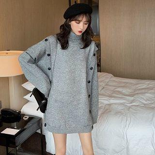 Plain Button Long-sleeve Knit Dress