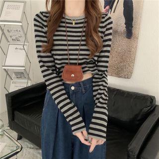 Long-sleeve Striped Slim-fit Cropped T-shirt As Figure - One Size
