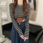 Long-sleeve Striped Slim-fit Cropped T-shirt As Figure - One Size