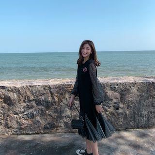 Mesh Sleeve Midi Godet Knit Dress