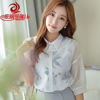 Set: Elbow-sleeve Chiffon Blouse + Floral Tank Top