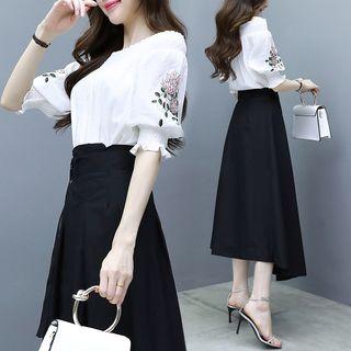 Set: Flower Embroidered Off-shoulder Blouse + Tie-waist Midi A-line Skirt