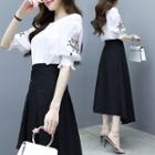 Set: Flower Embroidered Off-shoulder Blouse + Tie-waist Midi A-line Skirt