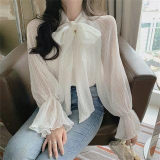 Bow-neck Bell-sleeve Chiffon Blouse