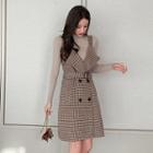 Long-sleeve Mock-neck Knit Top / Plaid Pinafore Dress