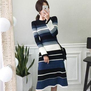Long-sleeve Striped Midi Knit Dress As Shown In Figure - One Size