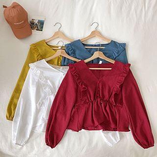 Ruffle Trim V-neck Long-sleeve Peplum Top