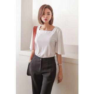 Square-neck Shirred-sleeve Top
