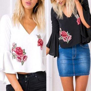 Bell-sleeve Embroidery Chiffon Top