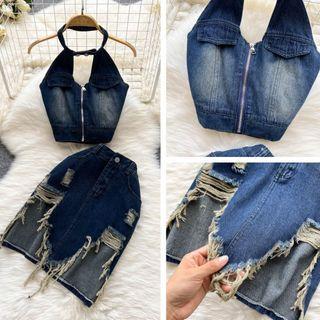 Set: Denim Halter Top + Distressed Denim Skirt