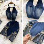 Set: Denim Halter Top + Distressed Denim Skirt