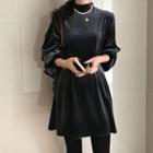 Mock-turtleneck Long-sleeve A-line Mini Velvet Dress