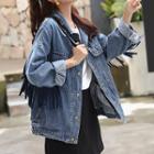 Embroidered Fringed Buttoned Denim Jacket Blue - One Size