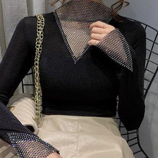 Long-sleeve Rhinestone Panel T-shirt