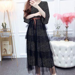 Dotted Elbow-sleeve Layered Mesh Panel Midi A-line Dress