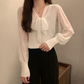 Lantern-sleeve Ribbon Knit Top