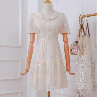Faux Pearl Short-sleeve Embroidered Mini A-line Dress