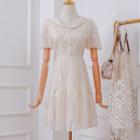 Faux Pearl Short-sleeve Embroidered Mini A-line Dress