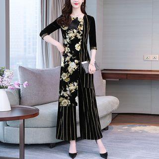 Set: Elbow-sleeve Floral Print Panel Top + Pinstriped Wide-leg Pants