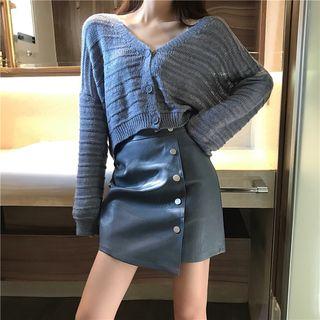 Knit Cardigan / Faux-leather Skirt