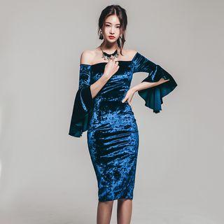 Off Shoulder Bell Sleeve Sheath Velvet Dress