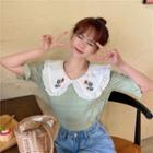 Flower Embroidered Elbow-sleeve Crinkle Blouse