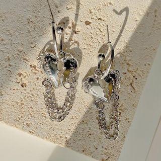Heart Chain Drop Earring 01 - 1 Pair - Silver - One Size