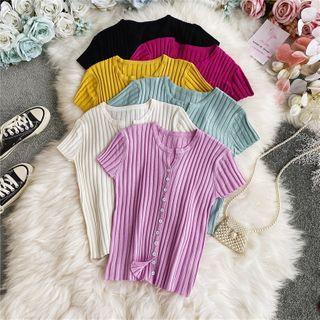 Button-detail Short-sleeve Ribbed Knit Top