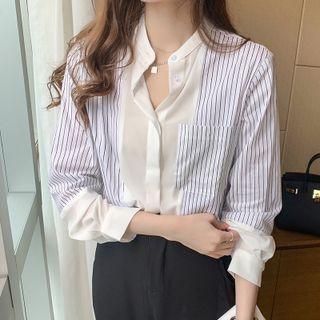 Striped Panel Stand Collar Shirt