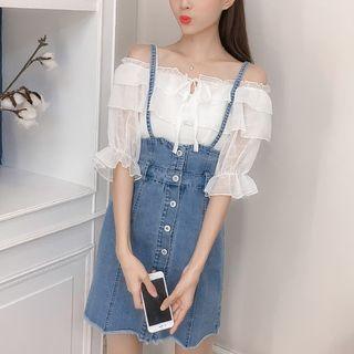 Set: Off-shoulder Ruffle Blouse + Buttoned Denim Jumper Skirt