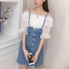 Set: Off-shoulder Ruffle Blouse + Buttoned Denim Jumper Skirt