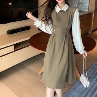 Collared Two-tone Midi A-line Dress