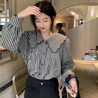 Plaid Doll-collar Blouse Plaid - Black & White - One Size