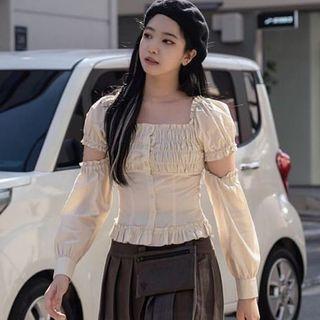 Long-sleeve Paneled Crinkled Blouse
