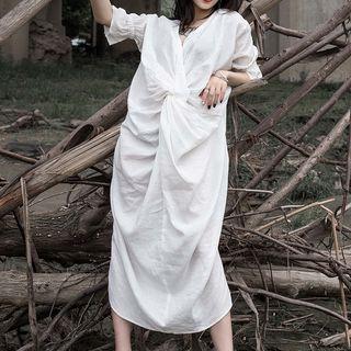 Knot-front Slit-hem Elbow-sleeve Dress
