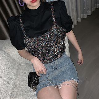 Puff-sleeve Blouse / Sequined Crop Cami Top