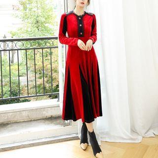 Long-sleeve Lace Trim Paneled Midi A-line Dress