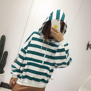 Striped Dolman-sleeve Hooded Long-sleeved Lettering Sweatshirt